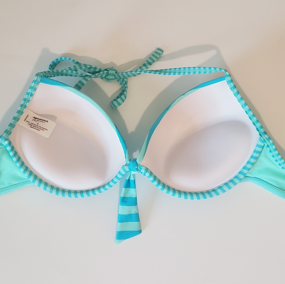 Arizona Jean Bikini Top Push Up Padded Lifht Blue Light Green Striped Size Large - Picture 3 of 10